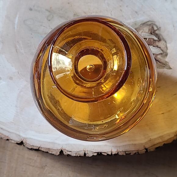 Vintage Amber Hand Blown Round MCM Vase Small Round Bubble 5.5" Yellow Unmarked - Picture 2 of 4